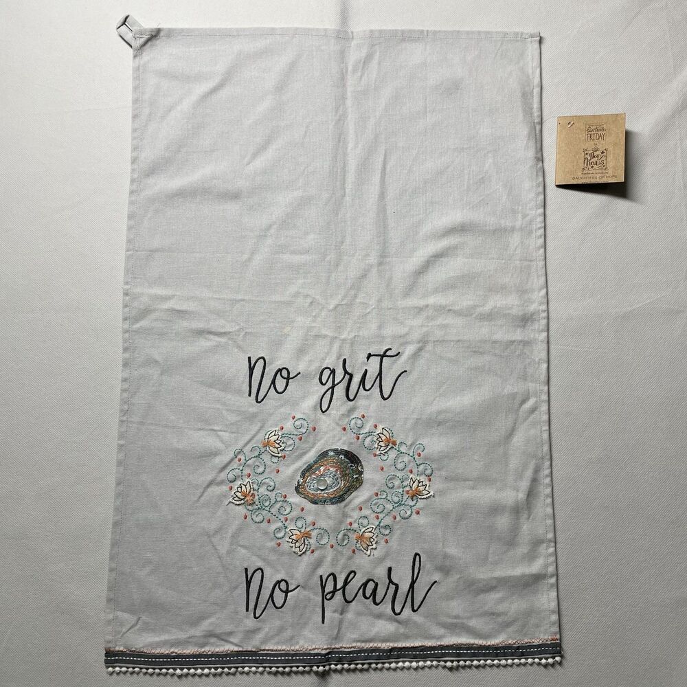 NWD Fair Trade Friday By Glory Haus Embroidered Tea Towel No Grit No Pearl Gray